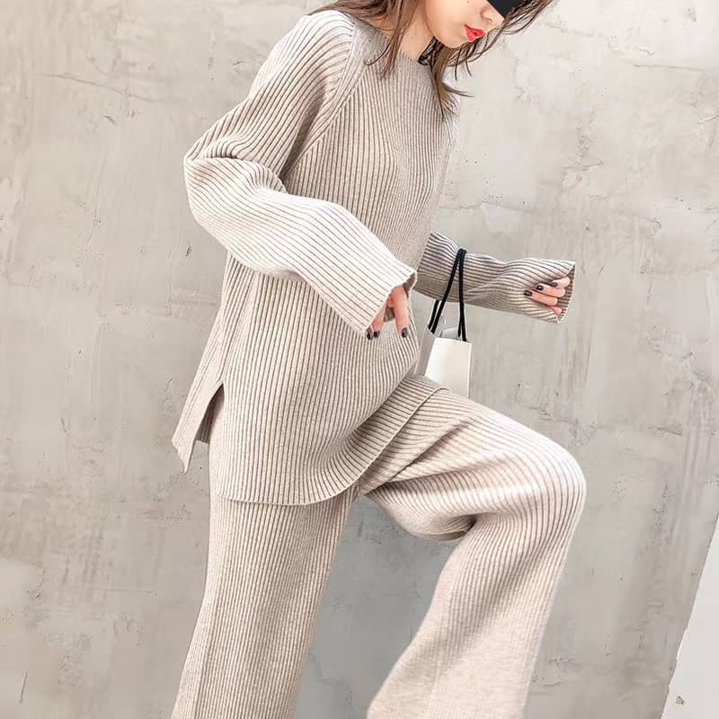 Herbst Strickpullover Hose mit weitem Bein zweiteilige Frauen