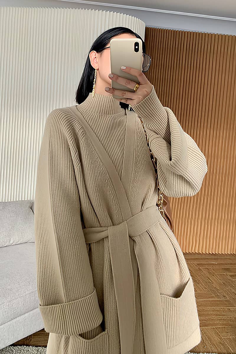 Loose Straight Leg pants cardigan sweater coat Two-piece + turtleneck top