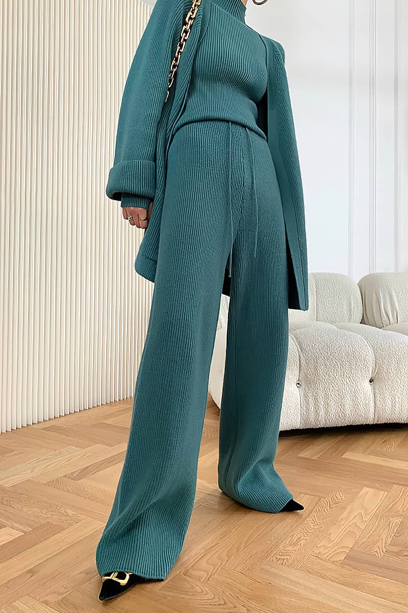 Loose Straight Leg pants cardigan sweater coat Two-piece + turtleneck top
