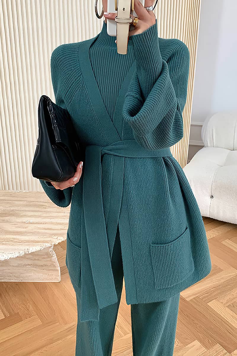 Loose Straight Leg pants cardigan sweater coat Two-piece + turtleneck top