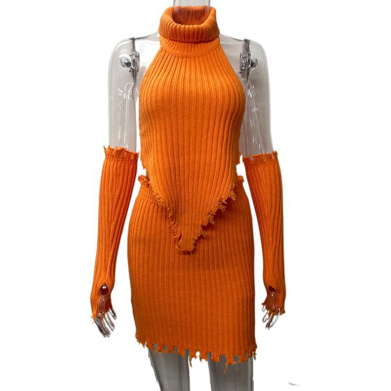 Short Knit Backless Top Wrap Hip Short Skirt Sweater Two-Piece Set