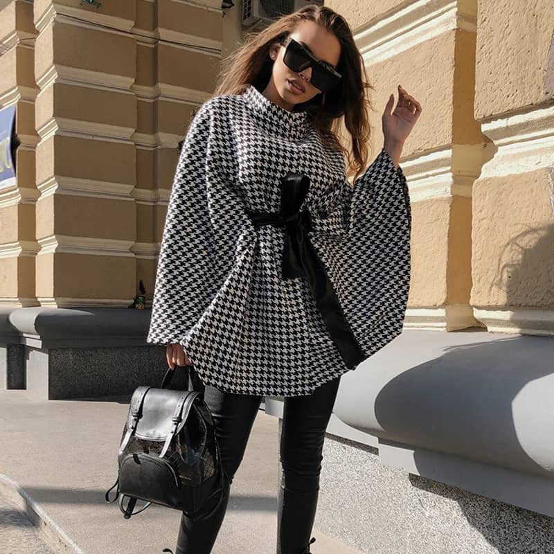 Plaid woolen coat loose tie cloak top for women