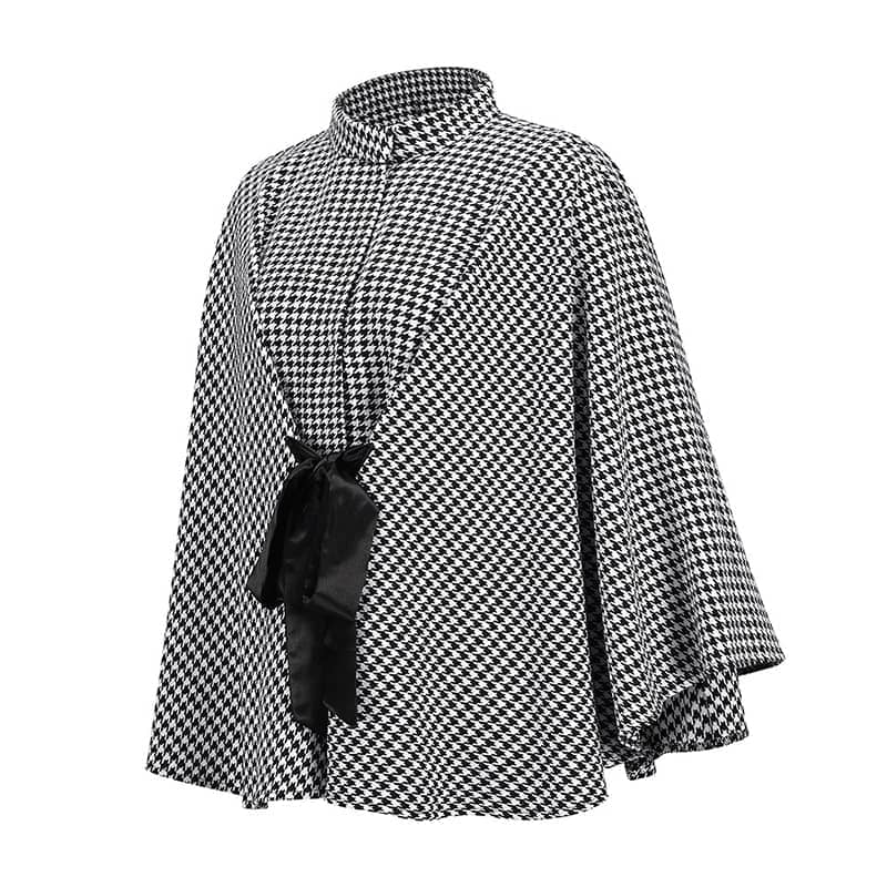 Plaid woolen coat loose tie cloak top for women