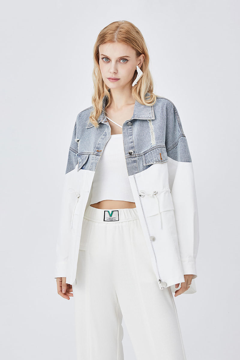 Denim color-block fashion mid-length coat