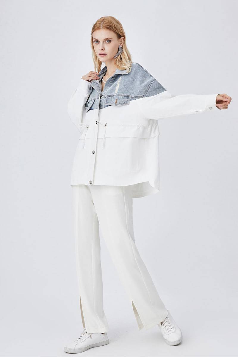 Denim color-block fashion mid-length coat